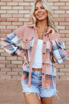 Stylish Women's Light Pink Plaid Corduroy Shacket with Patchwork Design and Chest Pocket for Trendy Layering