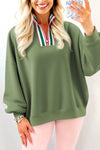 Women's Vineyard Green Contrast Striped Zip Collar Pullover Sweatshirt with Patchwork Design for Cozy Style