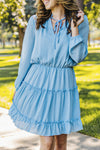 Chic Light Blue V-Neck Long Sleeve Ruffle Mini Dress for Women – Ideal for Spring & Summer Events, Effortlessly Stylish