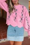 Trendy Women's Pink Floral Embroidered Cropped Sweater with Scalloped Hem – Comfortable Spring Fashion Staple