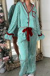 Stylish Women's Green Stripe Velvet Pajama Set with Bow Knot Waist - Cozy 2-Piece Sleepwear for Ultimate Comfort