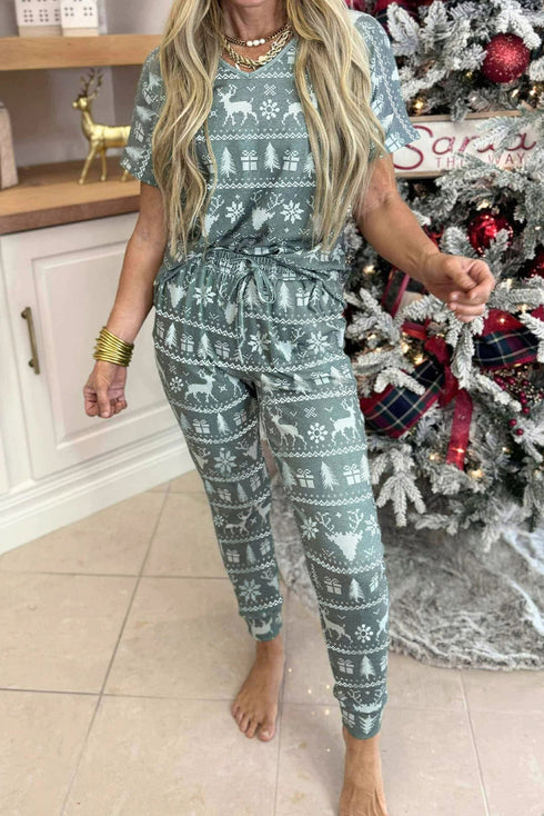 Green Snowflake/Santa Claus/ Xmas Fashion/ Print V Neck Tee Drawstring Pants 2pcs Lounge Set