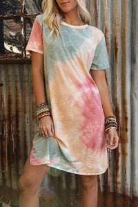 Loose Printed Short Sleeve Zippered V-neck Dress