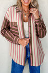 Trendy Women's Multicolor Striped Knit Shacket with Contrast Patchwork, Button Pockets, and Stylish Raw Hem