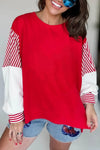 Trendy Women's Fiery Red Colorblock Sweatshirt with Striped Patchwork Sleeves for Casual Chic Comfort