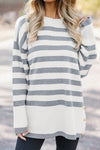 Cozy Women's Gray Striped Ribbed Tunic Sweater with Button Details and Drop Shoulder Design for Casual Chic Style