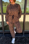 Stylish Women's Brown Leopard Print Varsity Top with Long Sleeves & Drawstring Pants Set - Trendy & Comfortable Ensemble