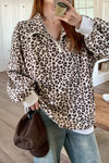 Stylish Women's Beige Leopard Print Corduroy Sweatshirt - Cozy Quarter Zip for Casual Chic Comfort