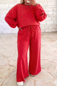 
Trendy Plus Size Women's Red Polka Dot Long Sleeve Top & Pants Set - Stylish, Comfortable, Perfect for Everyday Wear