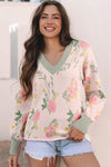 Cozy Women's Pink Floral Striped V-Neck Sweater - Chic Loose Knit for Effortless Spring & Summer Style