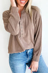 Women's Casual Dark Khaki Twisted Ribbed Long Sleeve Loose-Fit Top with Half Button Detail for Effortless Style