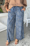 Trendy Women's Blue Leopard Print Wide Leg Jeans with Drawstring Waist & Exposed Seams for Casual Chic Look