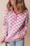 Cozy Women's Pink Checkered V-Neck Sweater with Drop Shoulders & Button Details – Stylish Casual Knit Top