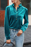 Elegant Women's Green Velvet Blouse with Frilled Neck and Button Front - Stylish Casual Top for Chic Outfits