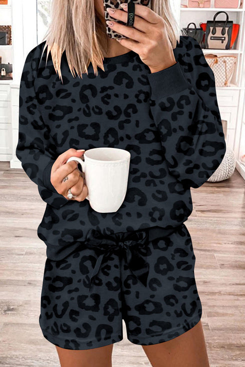 Leopard Print Satin Bow Lounge Set with Long Sleeve Top and Tie Shorts