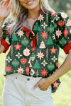 Festive Women's Green Christmas Print Blouse with Frilled Neck, Contrast Trim, and Short Sleeves - Holiday Style Top