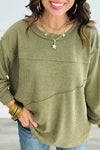 Women's Stylish Laurel Green Ribbed Knit Long Sleeve Top with Exposed Seams & Trendy Patchwork Design