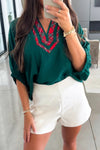 Women's Evergreen Contrast Plaid V-Neck Blouse with Half Sleeves - Stylish Patchwork Top for Effortless Chic Looks