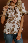 Women's Summer Short Sleeve Blouse in Brown Floral and Striped Design with Frill and Color Block Trim - Chic Casual Top