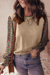 Women's Apricot Floral Patchwork Sweater with Shirred Cuffs and Puff Sleeves - Stylish and Cozy Knit Top