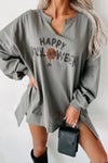 Women's Relaxed Fit Medium Grey Sequin Halloween Graphic Long Sleeve Top with Notched Neck - Festive and Stylish