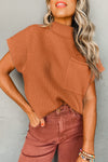 Chic Women's Gold Flame Ribbed Knit Sweater with Short Sleeves and Cozy Patch Pockets for Everyday Style