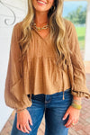 Trendy Camel Plaid Tie V-Neck Babydoll Blouse for Women - Comfortable Long Puff Sleeve Fashion Top
