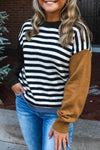 Trendy Women's Khaki Colorblock Sweater with Striped Sleeves for Stylish Fall Outfits and Cozy Comfort