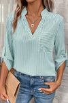 Women's Casual Green Striped V-Neck Shirt with Roll-Up Sleeves and Pocket - Perfect for Everyday Wear