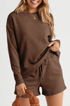 Stylish Brown Textured Long Sleeve Top with Adjustable Drawstring Shorts Set for Women - Ideal for Casual Outings