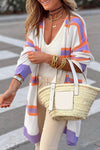 Stylish Women's Beige Striped Long Sleeve Cardigan with Ribbed Trim and Button Details for Effortless Everyday Elegance