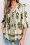 Women's Apricot Floral Puff Sleeve Tie V-Neck Blouse - Chic Summer Shirt for Effortless Style and Comfort