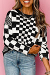 Cozy Women's Black Checkered Drop Shoulder Sweater with Round Neck – Chic Knit for Effortless Everyday Style