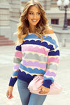 Cozy Dark Blue Wave Striped Sweater for Women with Balloon Sleeves & Drop Shoulder - Chic Knitwear for Effortless Style