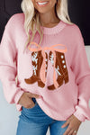 Stylish Women's Pink Graphic Drop Shoulder Sweater with Embroidered Bow Detail - Cozy Fashion Top for Every Occasion