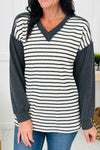 Chic Women's Black V-Neck Long Sleeve Top with Twisted Ribbed Stripes & Patchwork for Effortless Casual Style