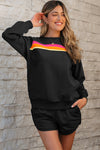 Women's Black Striped Pullover & Shorts Set - Chic Casual Two-Piece Outfit for Stylish Comfort and Everyday Wear