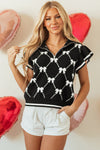 Women's Cozy Black Preppy Bow Print Zipped Collar Sweater Tee - Trendy Fit for Casual or Chic Looks