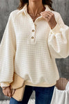 Women's Beige Pineapple Textured Half Button Sweatshirt - Casual Chic for Effortless Cozy Outfits
