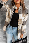 Chic Women's Khaki Plaid Color Block Button-Up Jacket with Pockets – Stylish Long Sleeve Outerwear for Casual Fashion