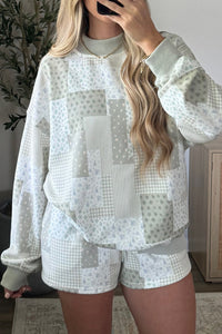 Women's Green Floral Patchwork Oversized Pullover & Drawstring Shorts Loungewear Set for Comfort and Style