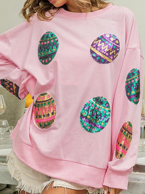 Sparkling Pink Easter Egg Drop Shoulder Oversized Sequin Sweatshirt
