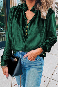 Elegant Forest Green Velvet Frilled Stand Collar Top