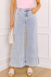 Trendy Women's Beau Blue Mid Rise Wide Leg Jeans with Pearl Accents and Split Design for a Chic Look