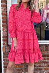 Women's Pink Bohemian Long Sleeve Mini Dress with Ruffled Hem and Chic Shirt Collar for Effortless Style