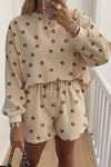 Cozy Women's Oatmeal Cherry Print Oversized Lounge Set with Drawstring Shorts – Perfect for Relaxing at Home