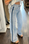 Trendy Casual Women's Frayed Patchwork Shift Jeans in Beau Blue with Stylish Contrast Stripe Side Panels