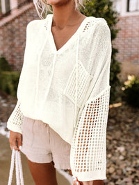 Cozy White Crochet Hooded Sweater with Pockets