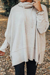 Women's Casual Light Grey Oversized Knit Cowl Neck Top with Drawstring and Side Slits for Ultimate Comfort
