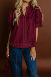 Burgundy Puff Sleeve Blouse for Women – Chic V-Neck Top with Rivet Details for Effortless Style and Comfort